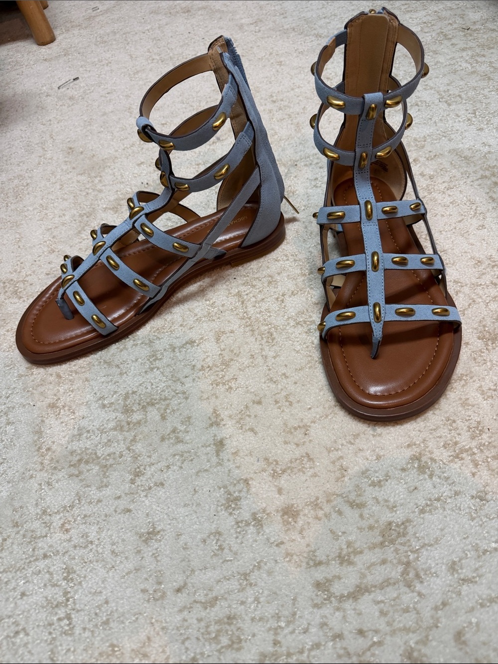 Michael Kors Powder Blue Gladiator Sandals with Gold Studs